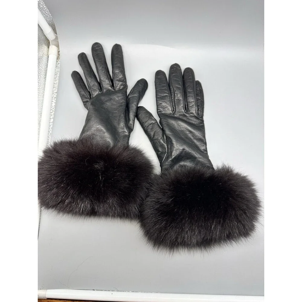 Marcus Adler Faux Fur Trim 100% Cashmere-Lined Black Leather Gloves Sz. 7 1/2